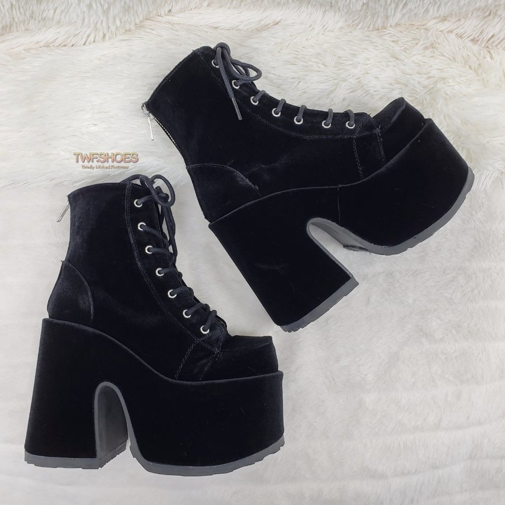 Black Velvet Platform Goth Punk Ankle Boots - Picture 4 of 15